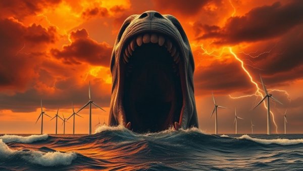 Surreal orange and black wind turbine scene reflecting Trump offshore wind lawsuit.