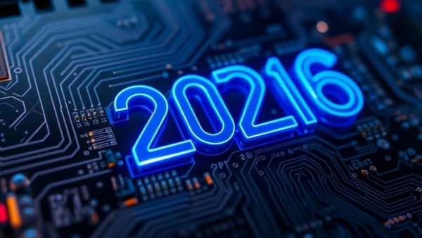 Futuristic digital circuit with '2026' glowing in blue neon.