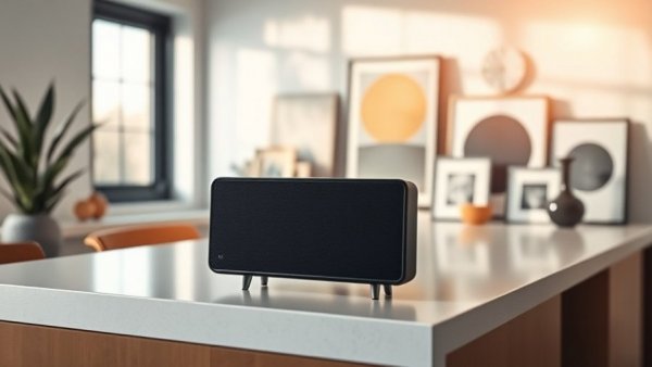 Minimalist black speaker in modern interior with artistic decor.