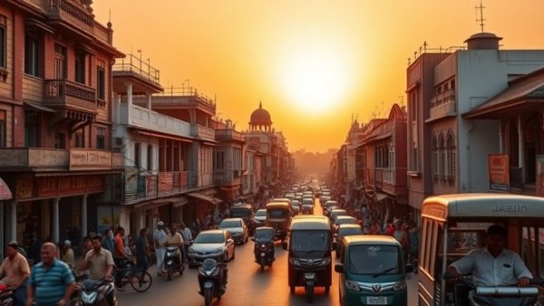 Bustling Indian street with sunset sky and historical buildings, India startup funding.