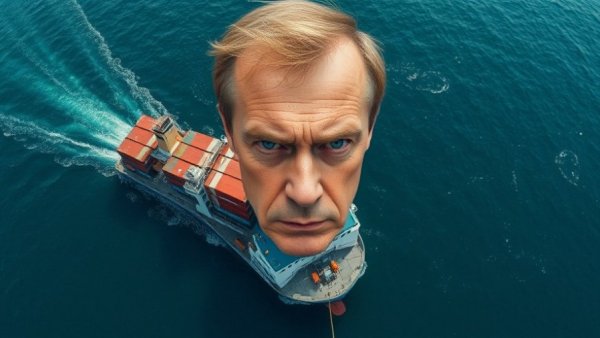 Surreal cargo ship with superimposed face in ocean, highlighting Trump's unpredictable trade war.