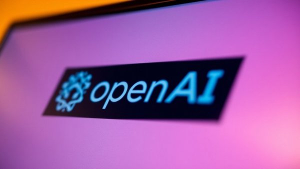 OpenAI logo on screen with blurred background.