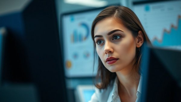 CIOs and employee burnout: woman focused on computer screen in office.