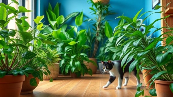 Smart indoor garden with AI technology featuring green plants and cat.