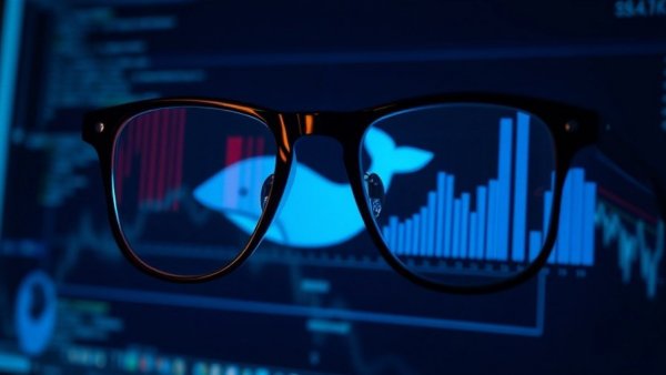 Reflection of digital screen in glasses showing blue whale logo.