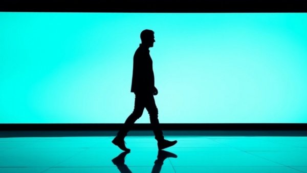 Silhouetted figure at a tech presentation with vibrant teal background.