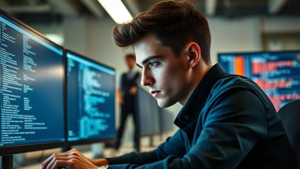 Young programmer working on cloud computing roles in a modern office.