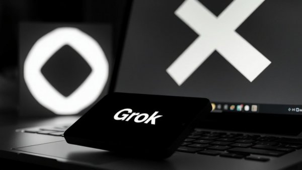 Smartphone with Grok logo on laptop keyboard, discussing AI chatbot regulations in India.
