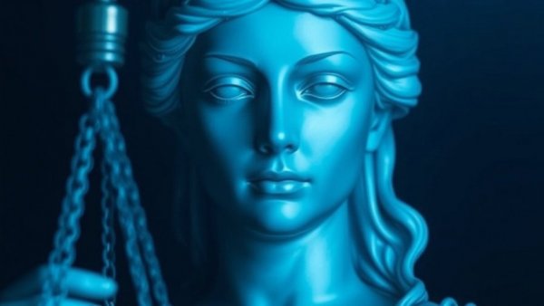 Abstract Lady Justice with digital overlay symbolizes AI chatbot for probate.