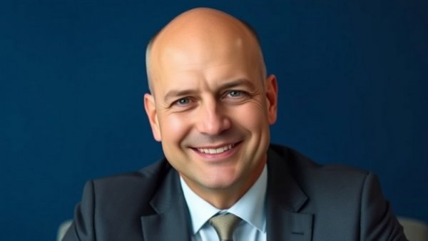 Amazon Alexa visionary in formal attire, smiling confidently.