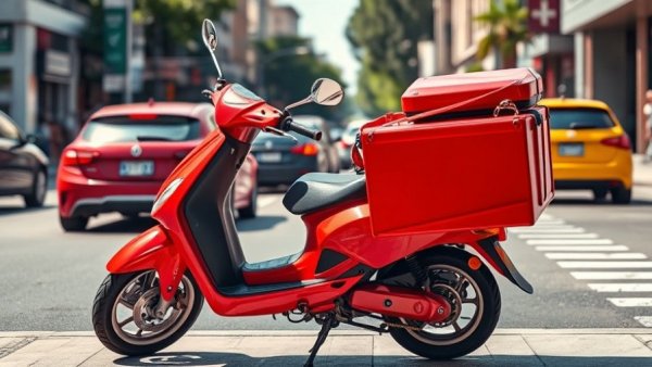 Fraudulent AI delivery concept with a bright red delivery scooter in a city street.