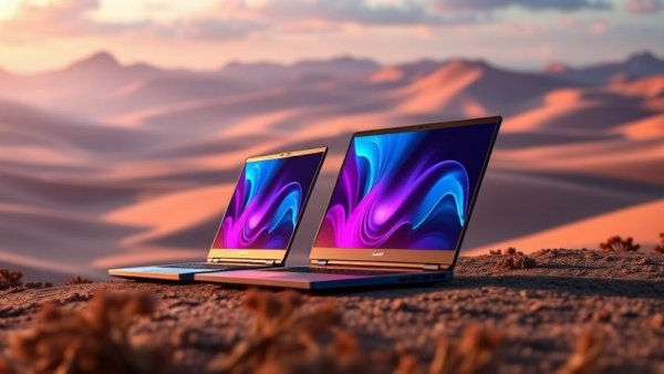 Sleek modern affordable gaming laptops, vibrant displays, colorful background.