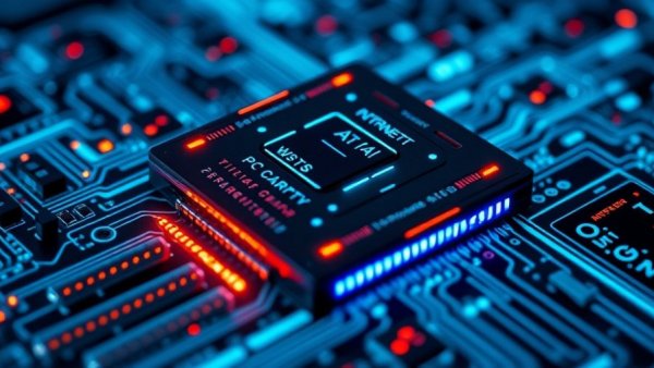 AI-powered PC processor displaying futuristic technology on digital grid.