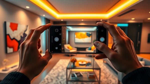 Modern living room with vibrant lighting captured on Samsung Phone.