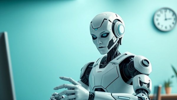 Futuristic humanoid robots in a self-creating SuperNet environment.