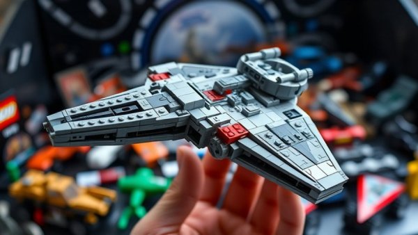 Lego Smart Brick spaceship model held in hand, detailed.