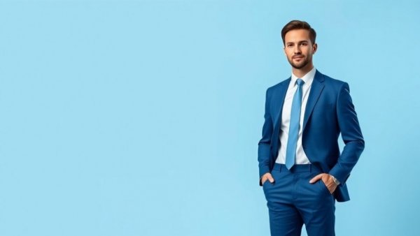 Professional man in blue suit standing confidently, AI e-commerce solutions.