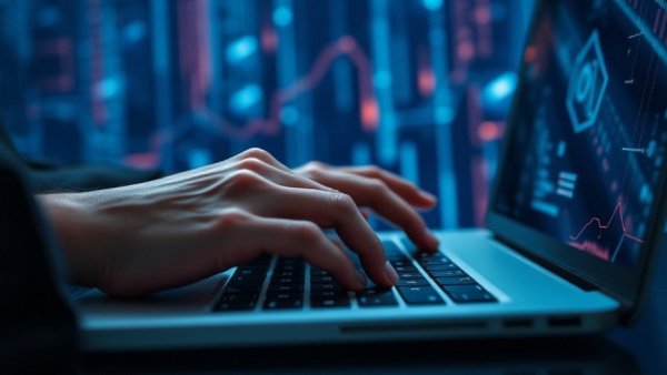 Digital data transformation visual from laptop, highlighting generative AI.