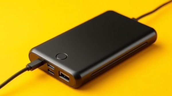 Stylish black power bank with dual charging ports on yellow background.