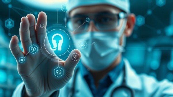 Doctor demonstrating Healthcare GenAI with futuristic tech interface.