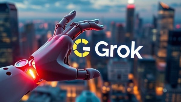 Digital rendering of robotic hand with Grok AI logo, symbolic of tech issues.