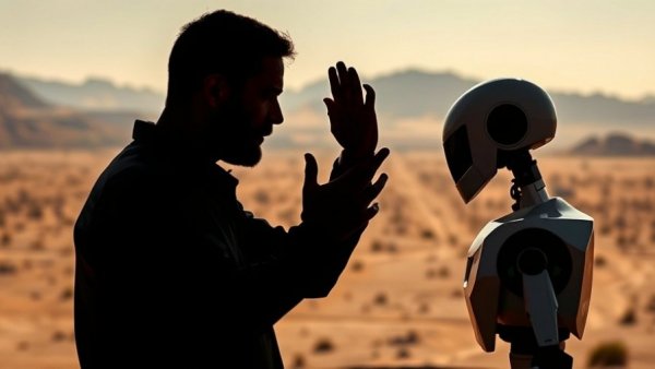 AI Innovations at CES 2026: Silhouette of man with robot in desert setting.