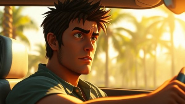 Animated character in a car, tropical backdrop, Rockstar Games union rights theme.
