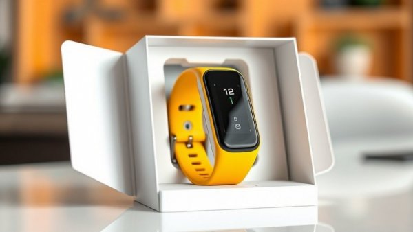 Yellow and black smart fitness tracker in branded packaging
