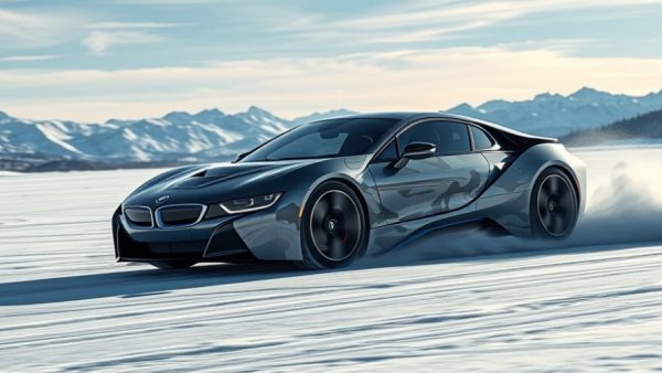 Sleek BMW electric M car prototype drifting on icy track.