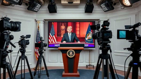 Press room with camera setup showing news segment.