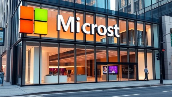 Modern Microsoft office facade with logo and interior view.