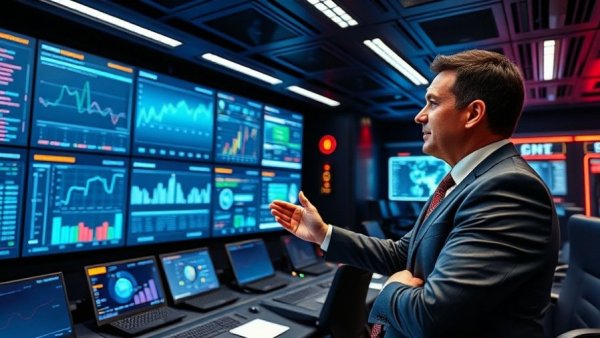 Expert in command center explaining data on digital wall in Madrid