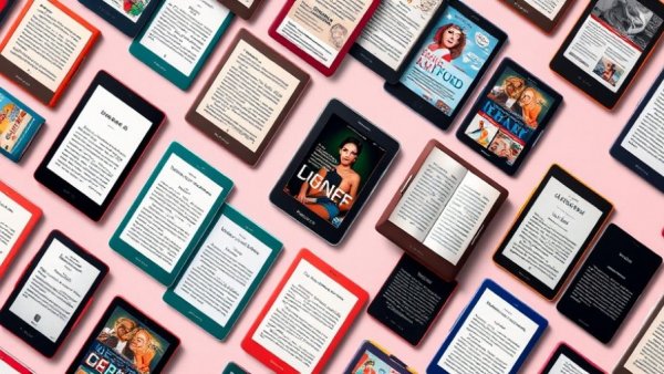 Dynamic display of e-readers with book covers and text, vibrant background.