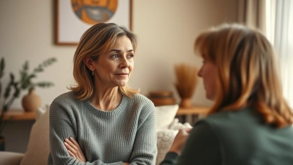 Thoughtful woman discussing leadership in cozy interior.