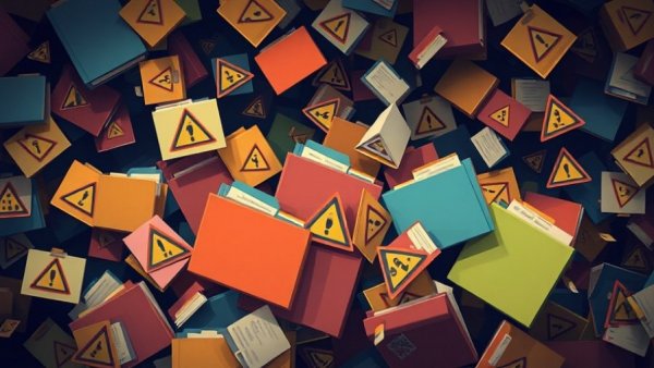 Chaotic file folders and warning signs representing AI data strategy challenges.