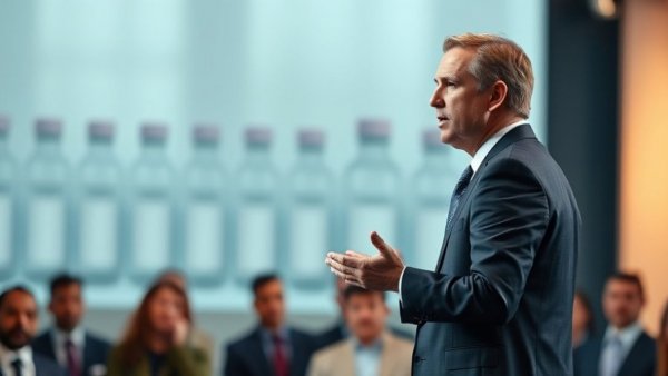 Corporate speaker discussing vaccine policy impact, presentation setting.