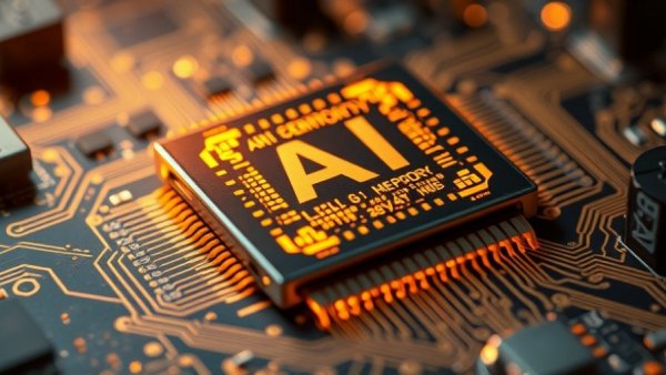 AI memory chip glowing warmly on a circuit board, representing AI memory chip demand.