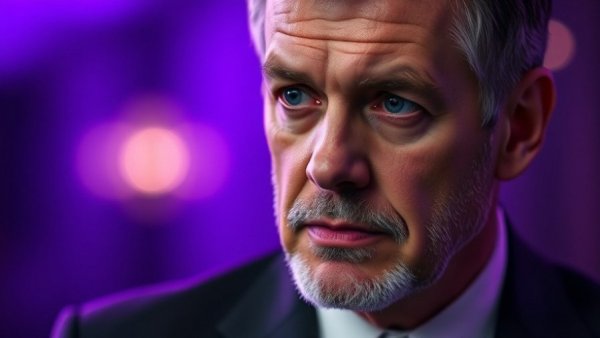 Close-up portrait of a man with contemplative expression, purple background.