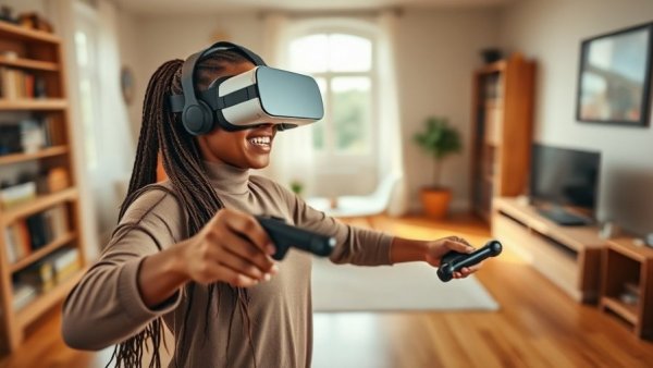 Woman using VR headset for fitness in cozy living room.