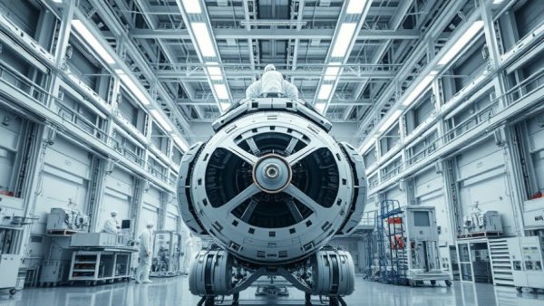 Technicians assembling the Haven-1 Commercial Space Station module in a high-tech lab.