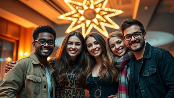 Four stylish friends smiling indoors with bright background lighting.