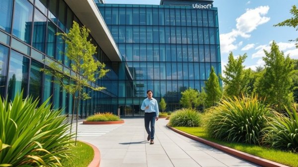 Ubisoft headquarters with person walking, symbolizing corporate dynamics.