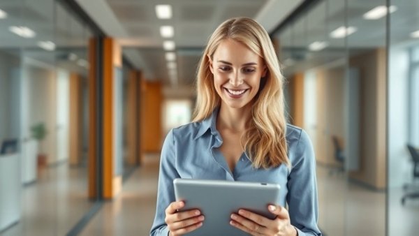 Professional woman with a tablet in a modern office setting.