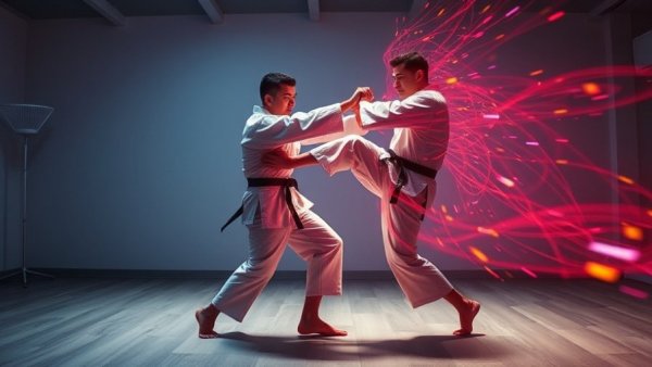 4D scene reconstruction of martial artists in motion with colorful trails.