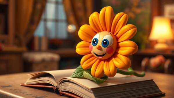 Colorful talking flower toy lit by lamp, cozy room setting.