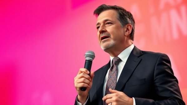 Keynote speaker discussing AMi Labs AI Healthcare at event, abstract backdrop.