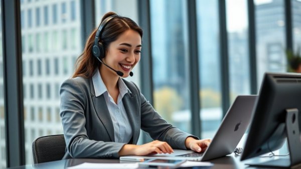 Unified Communications Enterprise Success: Woman using laptop with headset in office.