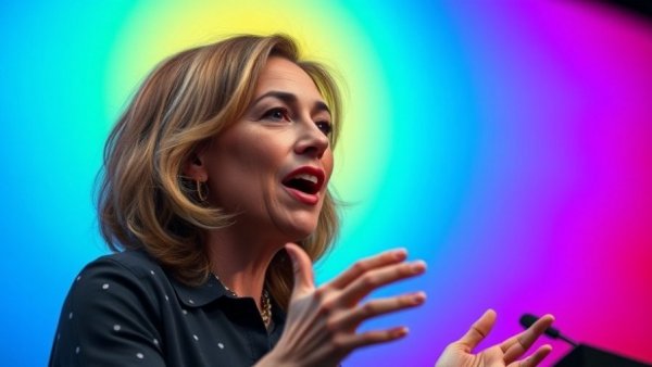 Dynamic speaker discusses topics against a colorful gradient background.