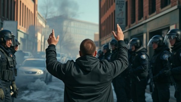 Dramatic protest scene in Minneapolis with police and demonstrator amidst smoke.