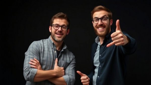 Two men humorously posing in a studio for The Greatest Generation podcast.